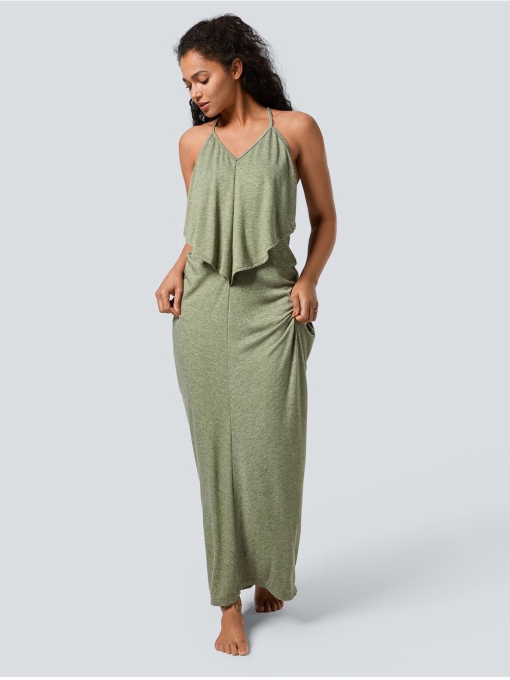 NWT Halara V Neck Tie Back Ruched Maxi Slip Dress Light Green Floral Yarn S - Picture 2 of 8